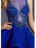 Royal Blue Lace Beaded Sheer Sexy Knee Length Prom Dress